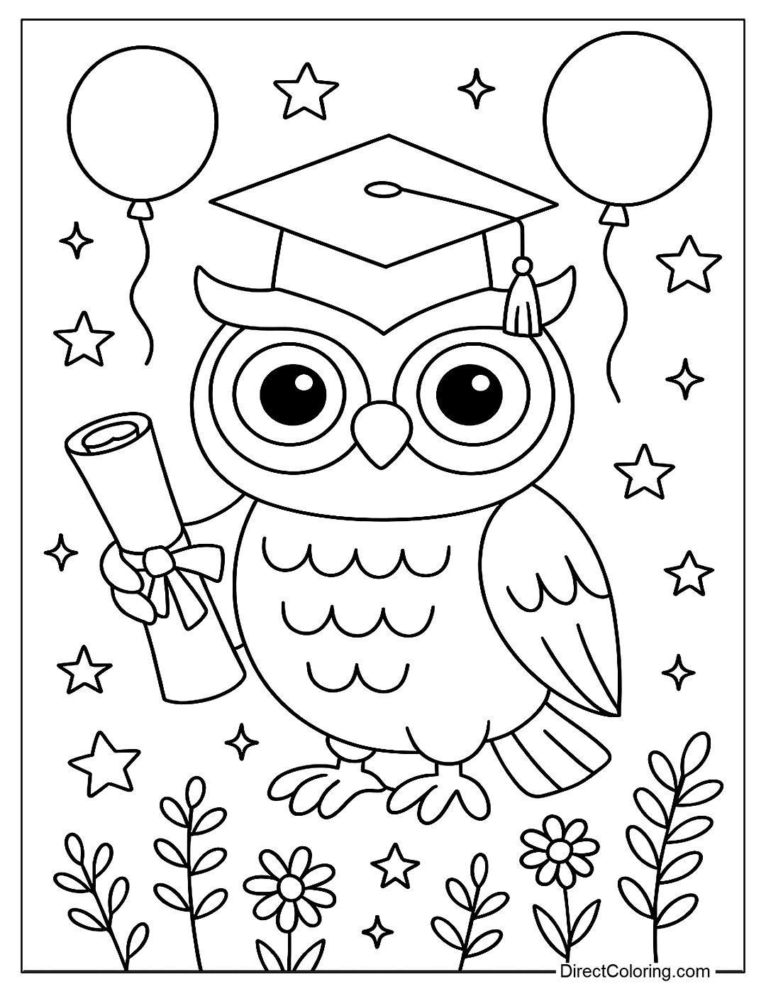 coloring page of a graduation owl wearing a cap, holding a certificate, surrounded by stars and balloons